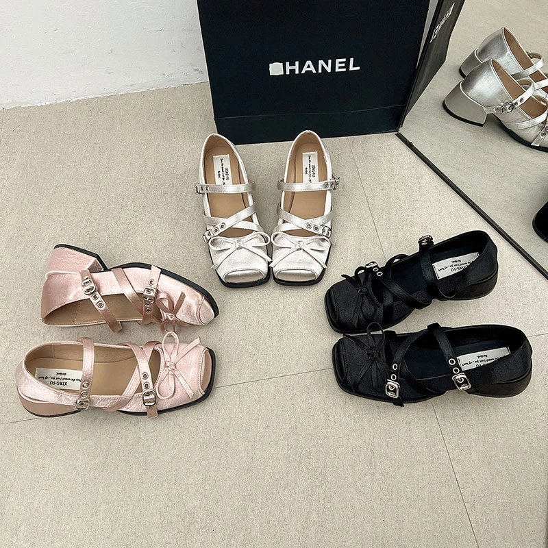 2025年春夏季新款缎面交叉蝴蝶结方头玛丽珍跟鞋爆款时尚百搭单鞋