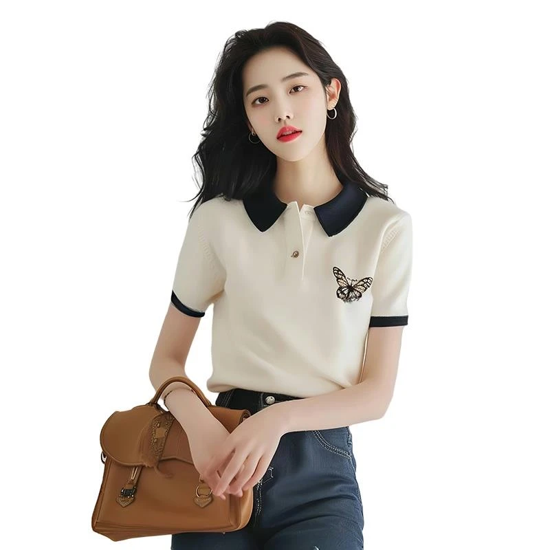 抗起球短袖蝴蝶清新休闲宽松T恤减龄设计感时尚宽松撞色针织韩版