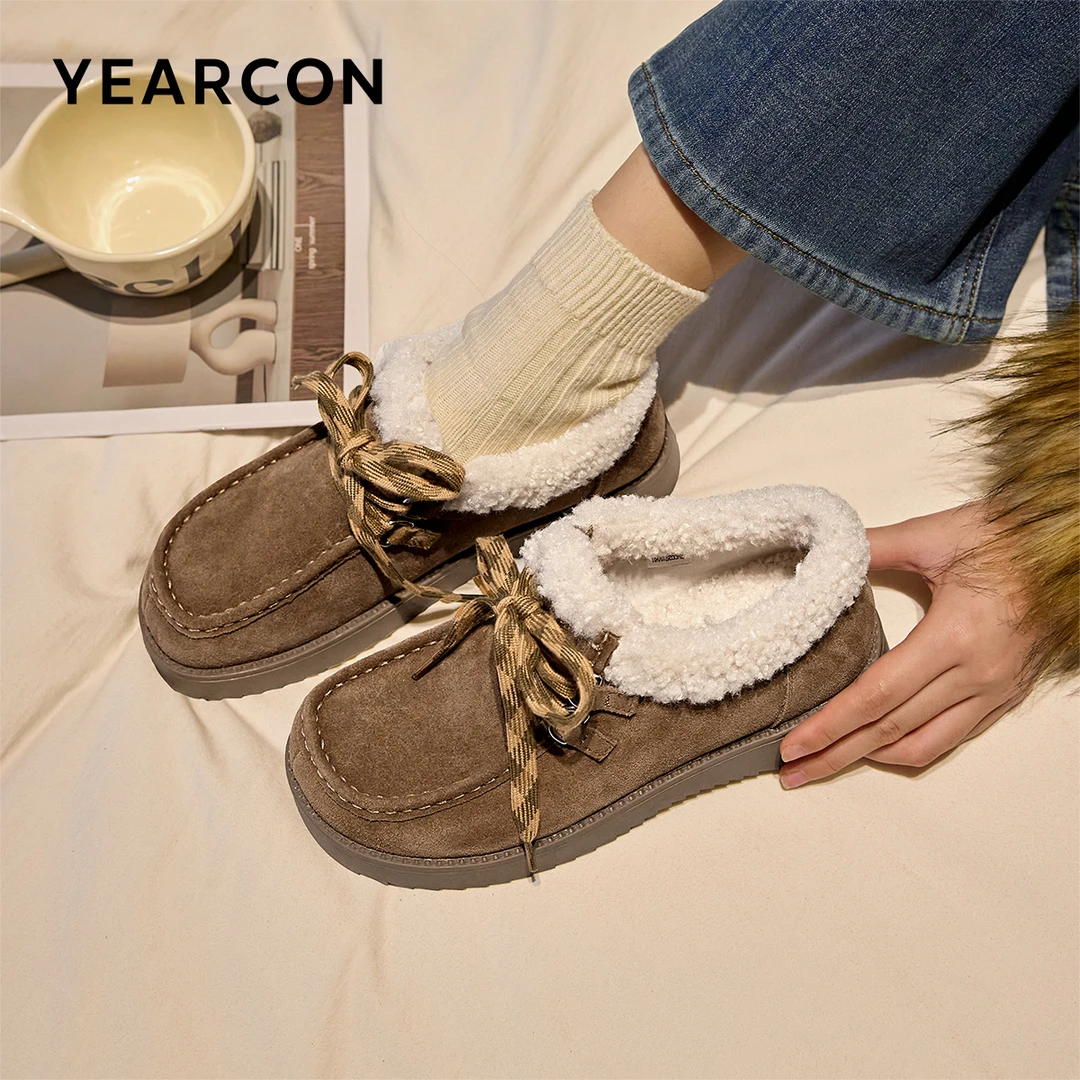 意尔康女鞋2025冬季新款加绒加厚保暖女棉鞋毛毛鞋低跟低帮26711W