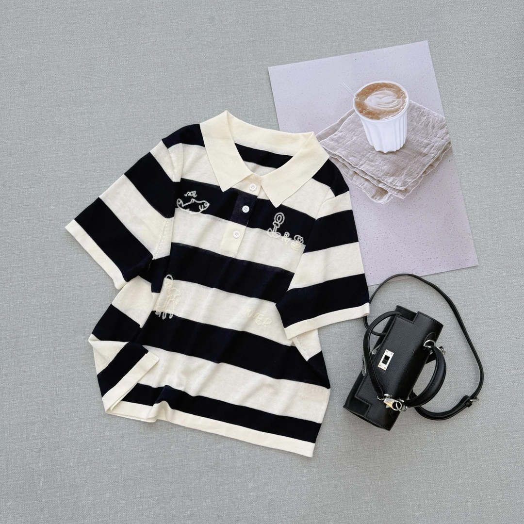 撞色刺绣翻袖Polo针织衫