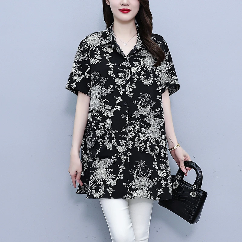 妈妈装印花短袖衬衫女夏洋气大码宽松遮肚显瘦防晒中长款开衫上衣