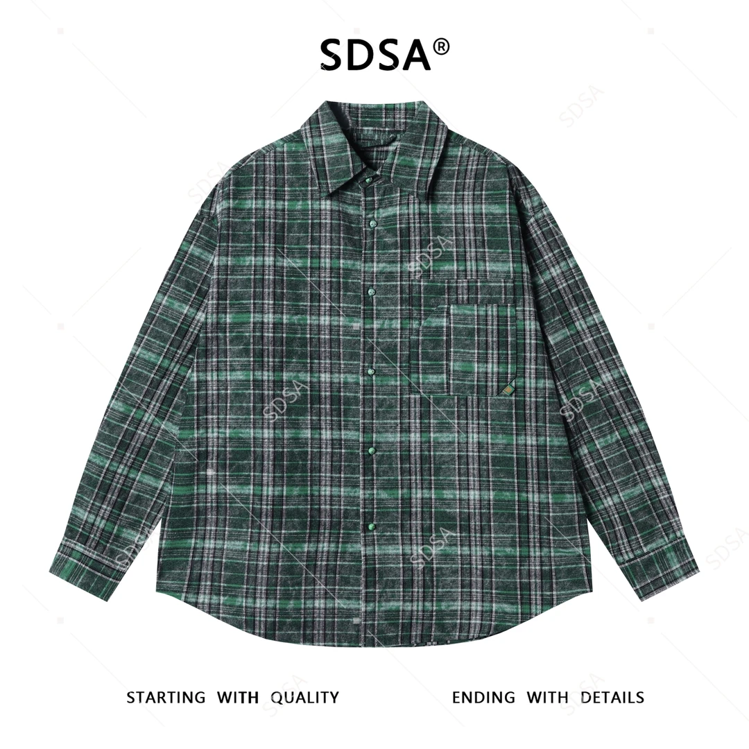 SDSA男士秋冬新款痞帅男装韩版撞色格子长袖翻领衬衫时尚高街衬衣