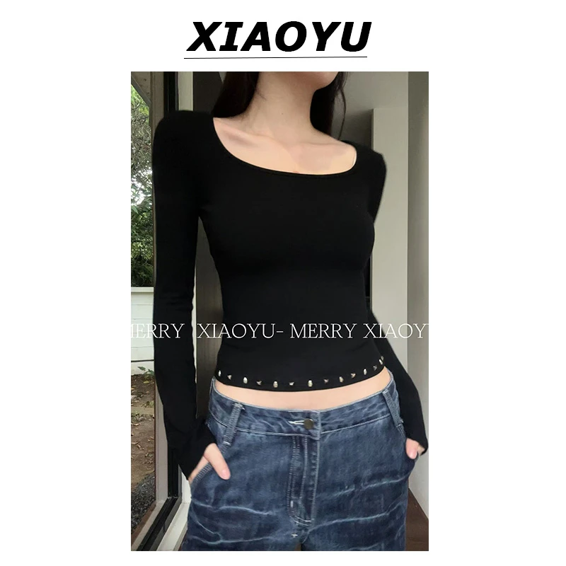 【小鱼】辣妹铆钉小众设计感修身显瘦长袖T恤女辣妹慵懒纯欲风上衣