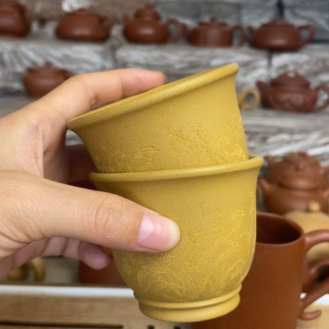 茶壶紫砂黄段主人杯 两只刻鸟