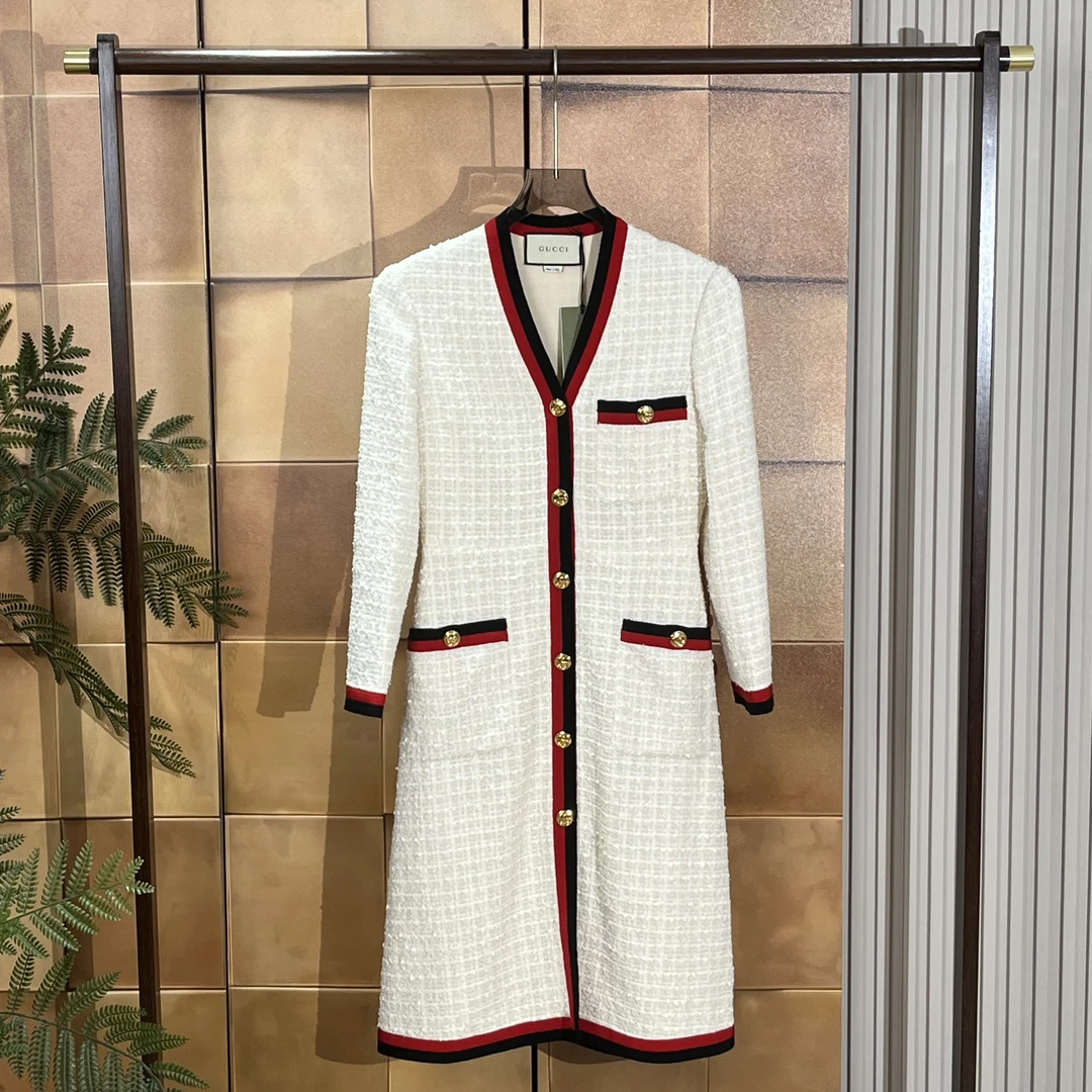 全新未使用 GUCCI/古驰 红黑条纹金扣粗花呢连衣裙/38码//25881