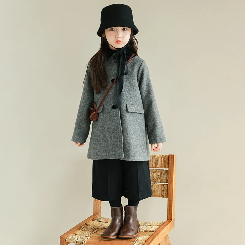 utouto大耳象女童撞色翻领呢大衣2024冬季新款儿童外套2410317