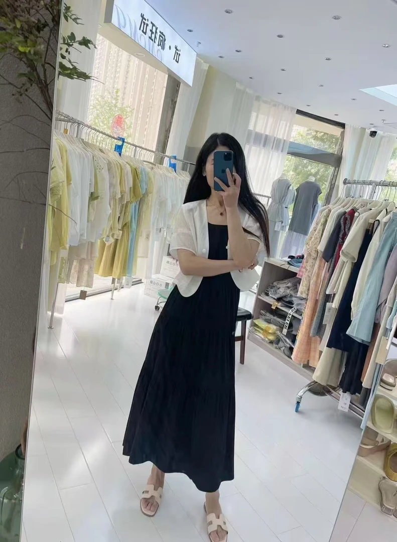 中长裙拼接夏季连衣裙百褶女装收腰