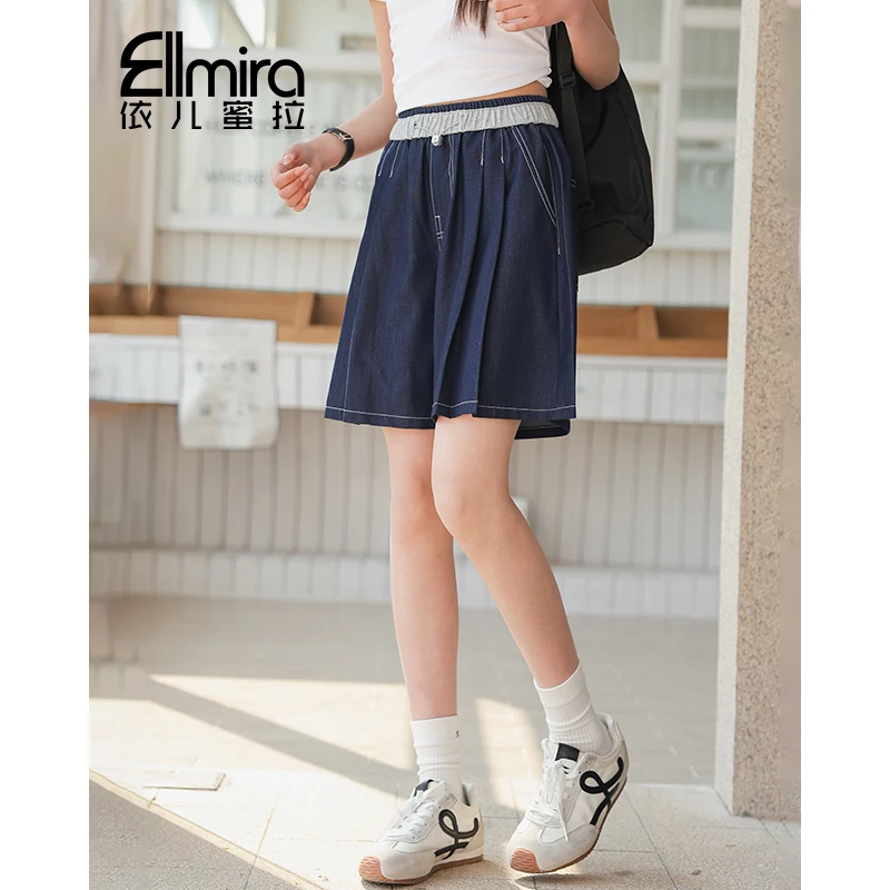 9104女童短裤夏季儿童裙裤宽松压褶松紧腰蓝色2025新款洋气大童薄