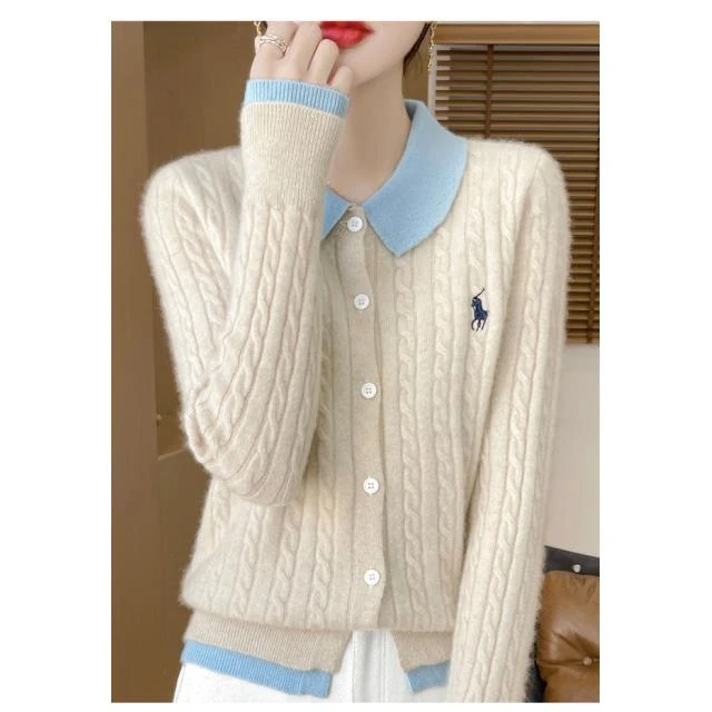 100%纯毛刺绣马翻领假两件宽松打底衫女DMR-419