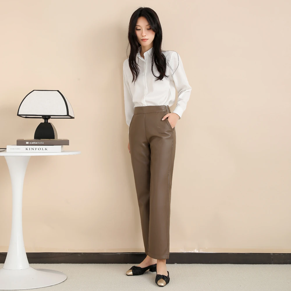 海宁专柜正品皮裤女  春季新款羊纹高腰直筒裤修身显瘦皮长裤