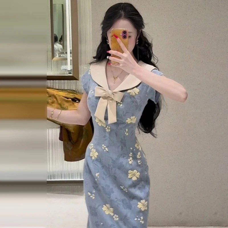 新中式国风蝴蝶结碎花连衣裙子女装夏季2025爆款绝美长裙3647