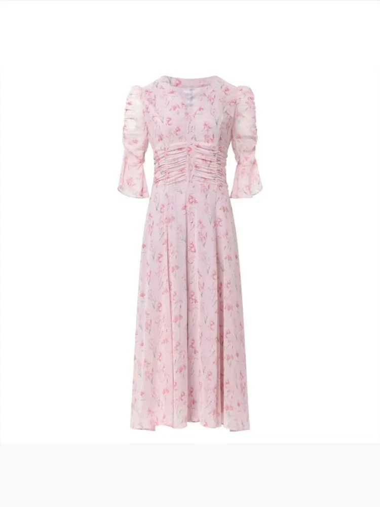 哥弟阿玛施正气质复古感桃鲤连衣裙蕾丝印花法式甜美裙子长裙优雅