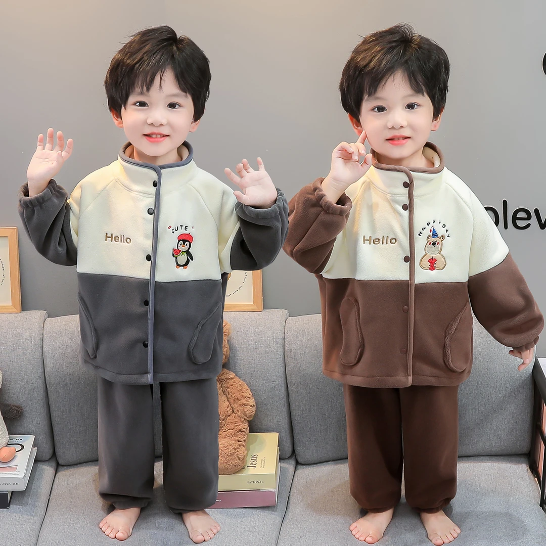 男童睡衣冬季儿童加厚奥粒绒复合一体绒保暖男孩宝宝家居服套装