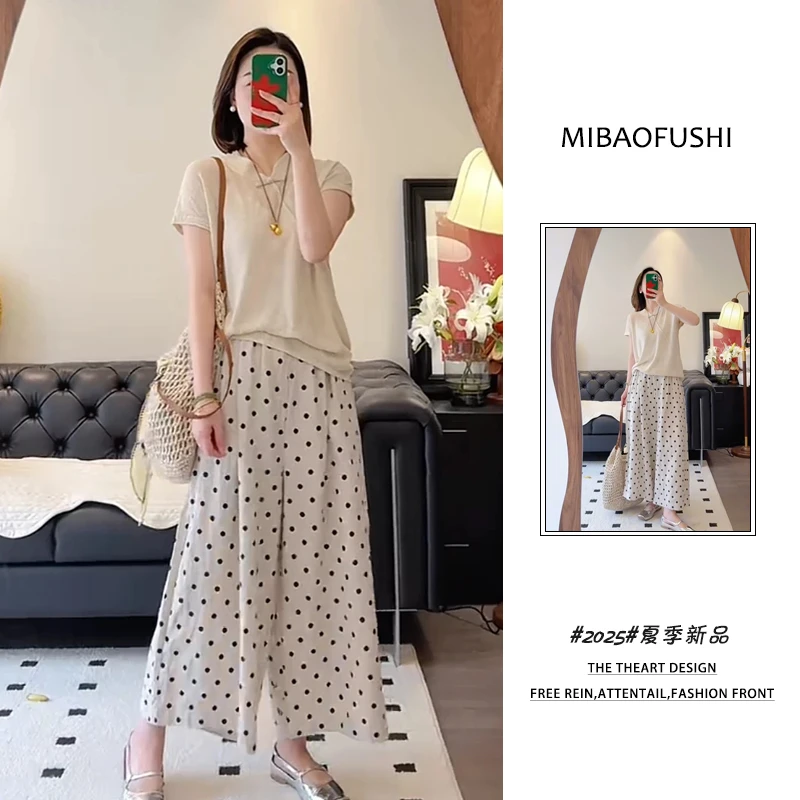 夏季穿搭一整套2025新款新中式盘扣上衣高腰波点阔腿裤两件套