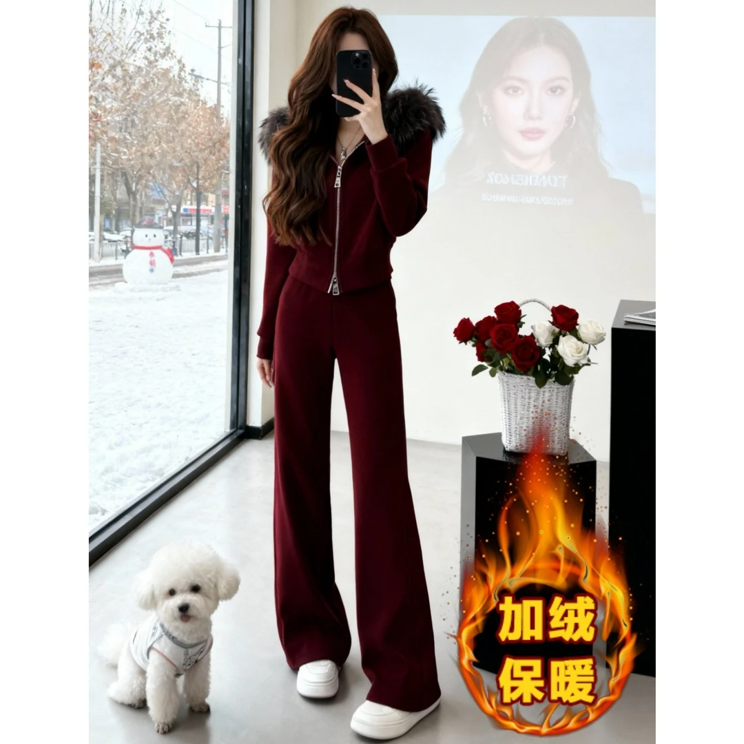 时髦洋气穿搭一整套女2025冬季可拆卸毛毛领外套搭阔腿裤两件套潮