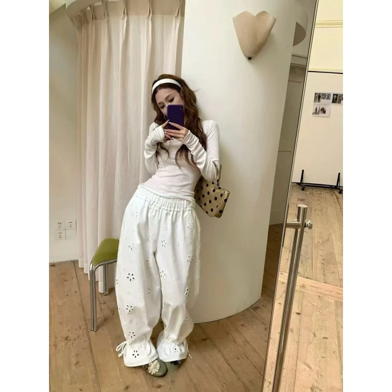 秋季休闲百搭显瘦长袖2025新款高腰宽松镂空蕾丝设计休闲裤潮套装