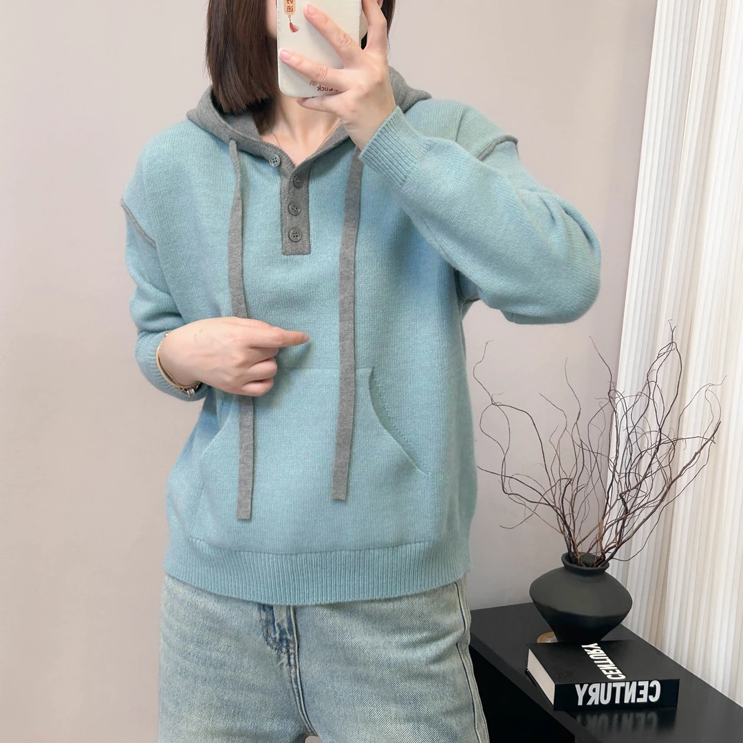 撞色领连帽粗系带纽扣长袖针织衫秋冬季新款上衣宽松韩版时尚毛衣