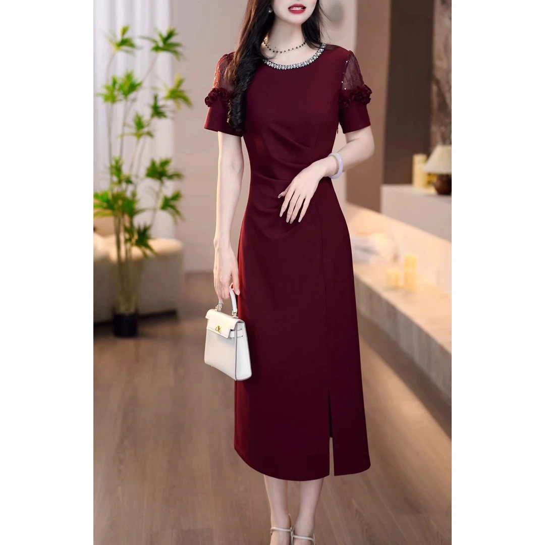 2025夏季新款时尚法式短袖休闲裙女气质显瘦拼接中长款开衩连衣裙