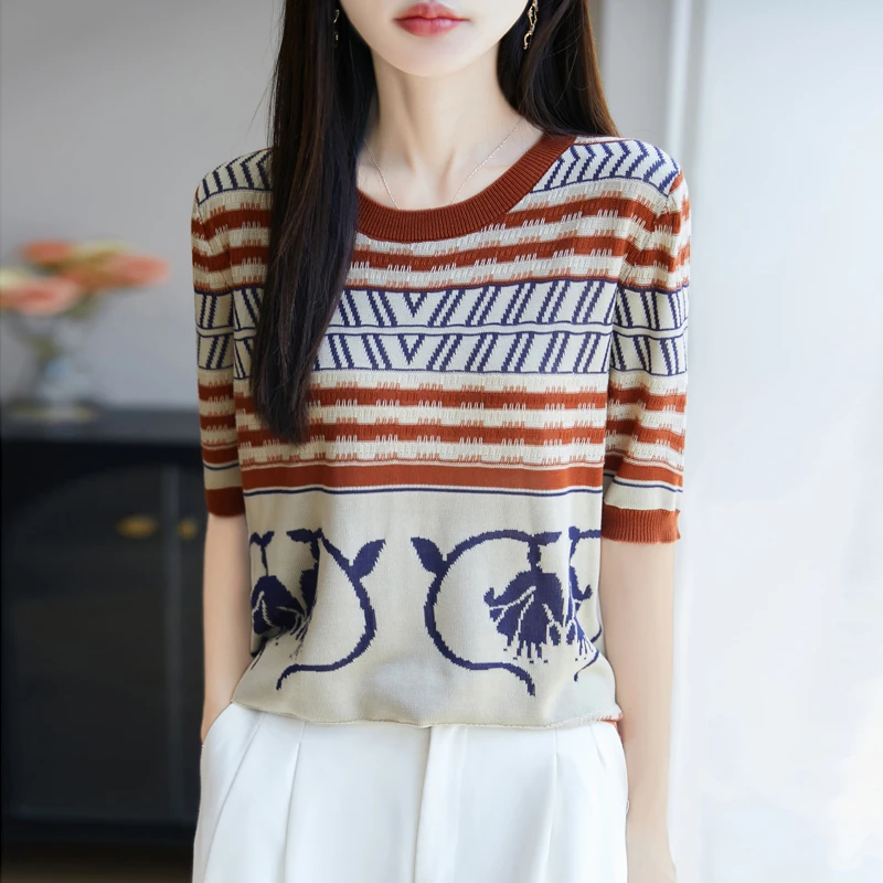 2025夏季新款天丝圆领提花针织短袖T恤女套头休闲洋气打底衫上衣