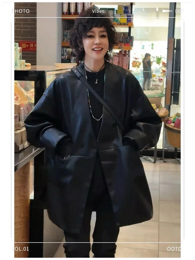 美式宽松V领中长款皮衣外套欧洲站2025春季新款时尚休闲黑色上衣