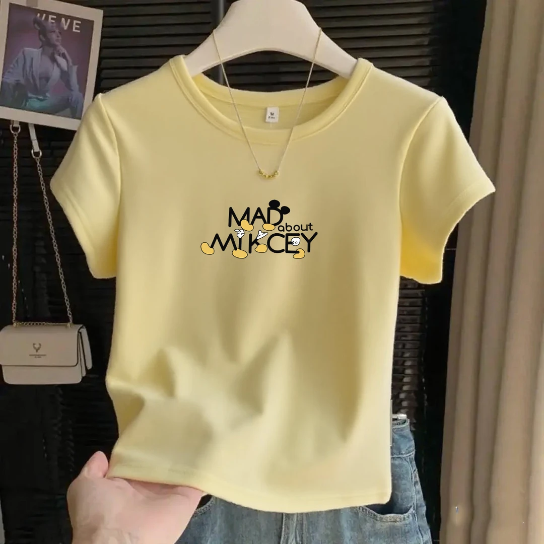 奶黄修身针织T恤女圆领基础百搭款螺纹棉短袖浅黄色简约黄圆领