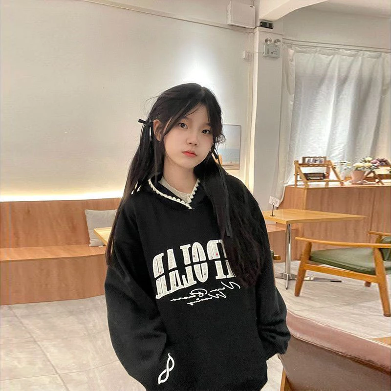 美式学院风字母刺绣黑色连帽卫衣女秋冬oversize宽松加绒加厚外套