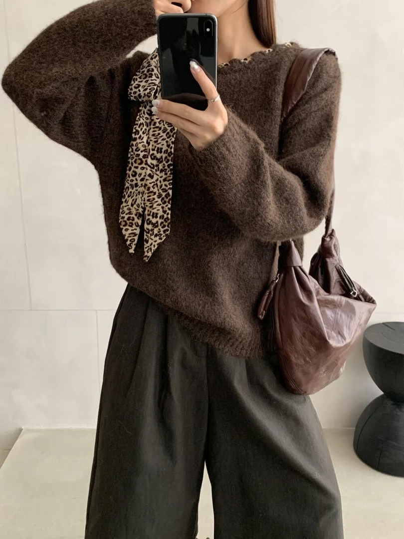 豹纹圆领毛针织衫丝巾飘带氛围感打底秋冬韩版气质套头上衣