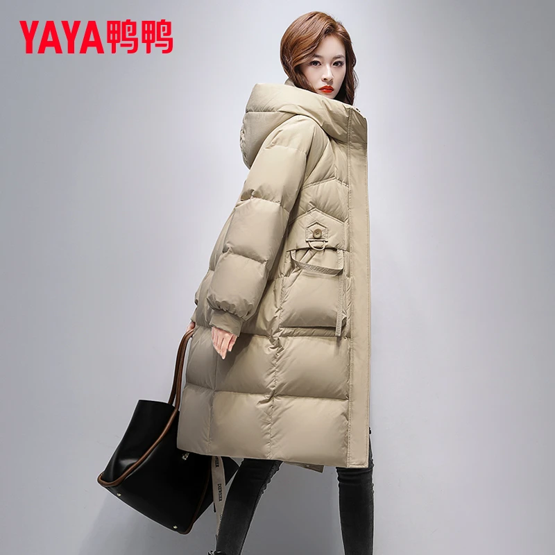 YAYA/鸭鸭品牌中长款羽绒服女冬季新款韩版时尚连帽洋气加厚外套