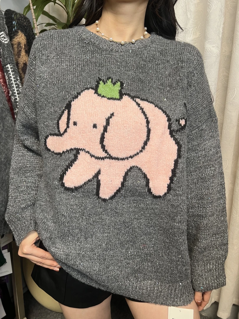 851粉色小象圆领毛衣明星同款