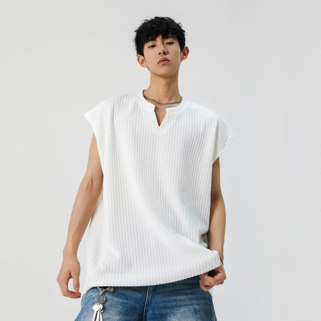 肌理感V领无袖T恤男夏季新款潮牌宽松设计感坎肩背心重磅休闲汗衫