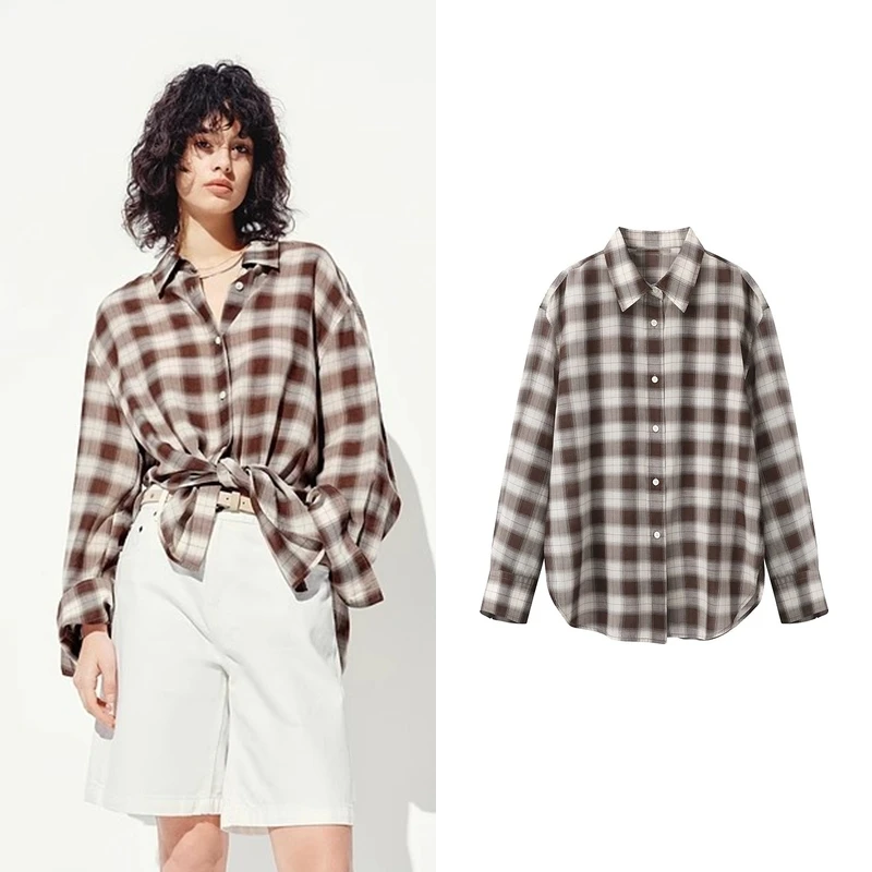 【摩家订单】衬衣2025夏新品天丝绵羊毛微皱感复古格纹宽松K5693