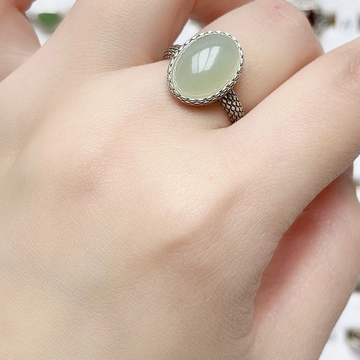 和田玉戒指银S925镶嵌天然