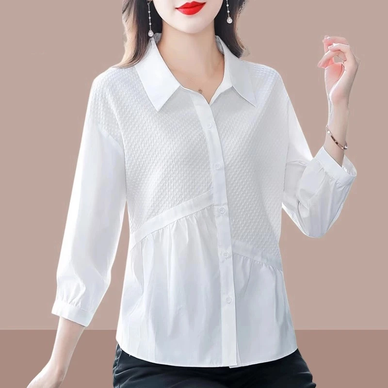 白色七分袖衬衫女士小衫春秋季新款宽松时尚上衣气质半袖衬衣遮肚