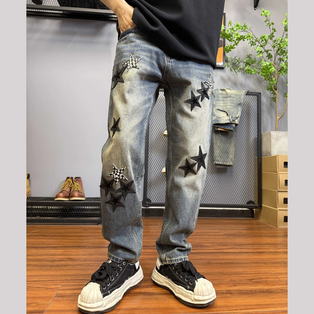 秋季潮款星星复古水洗做旧牛仔裤男痞帅炸街宽松锥形长裤5411-3