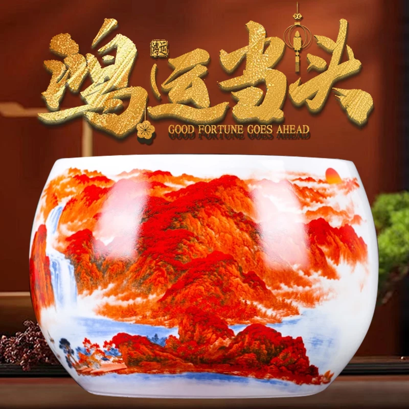景德镇陶瓷聚宝盆开业客厅摆件乔迁新居五帝钱红色玄关新中式手工