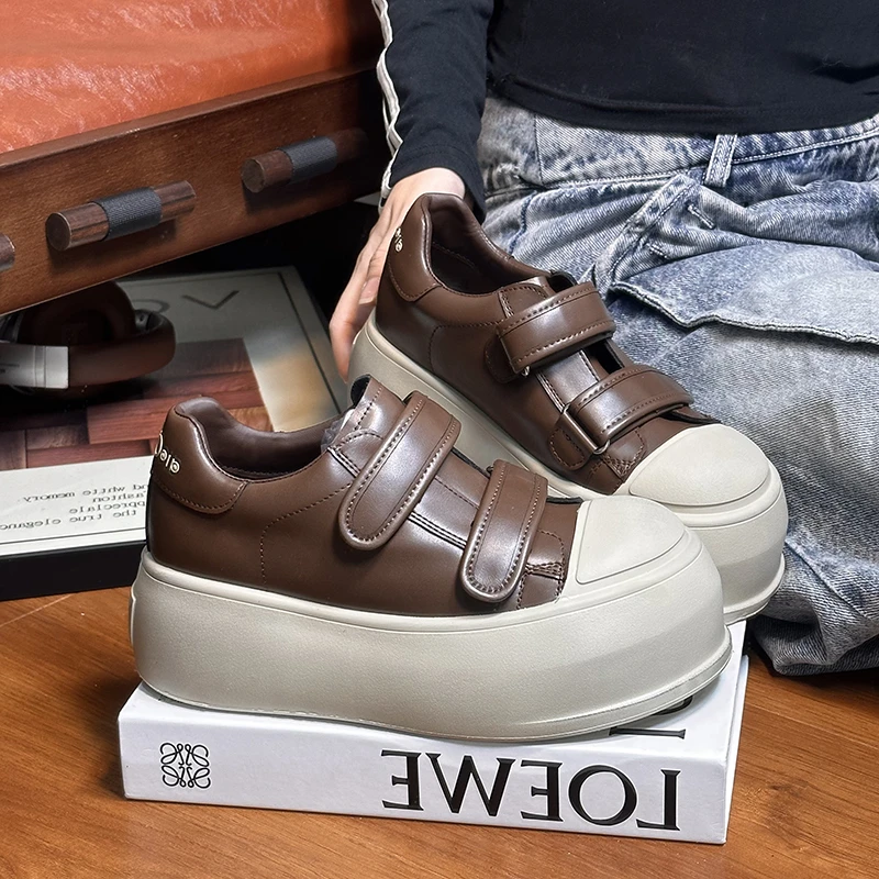 欧货真皮厚底松糕鞋女秋冬百搭魔术贴大头面包鞋增高运动休闲板鞋