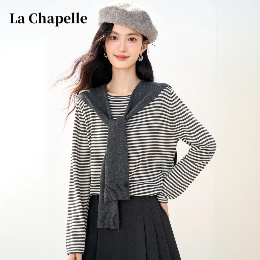 拉夏贝尔秋冬条纹套头披肩针织打底衫女韩版长袖两件套撞色上衣女