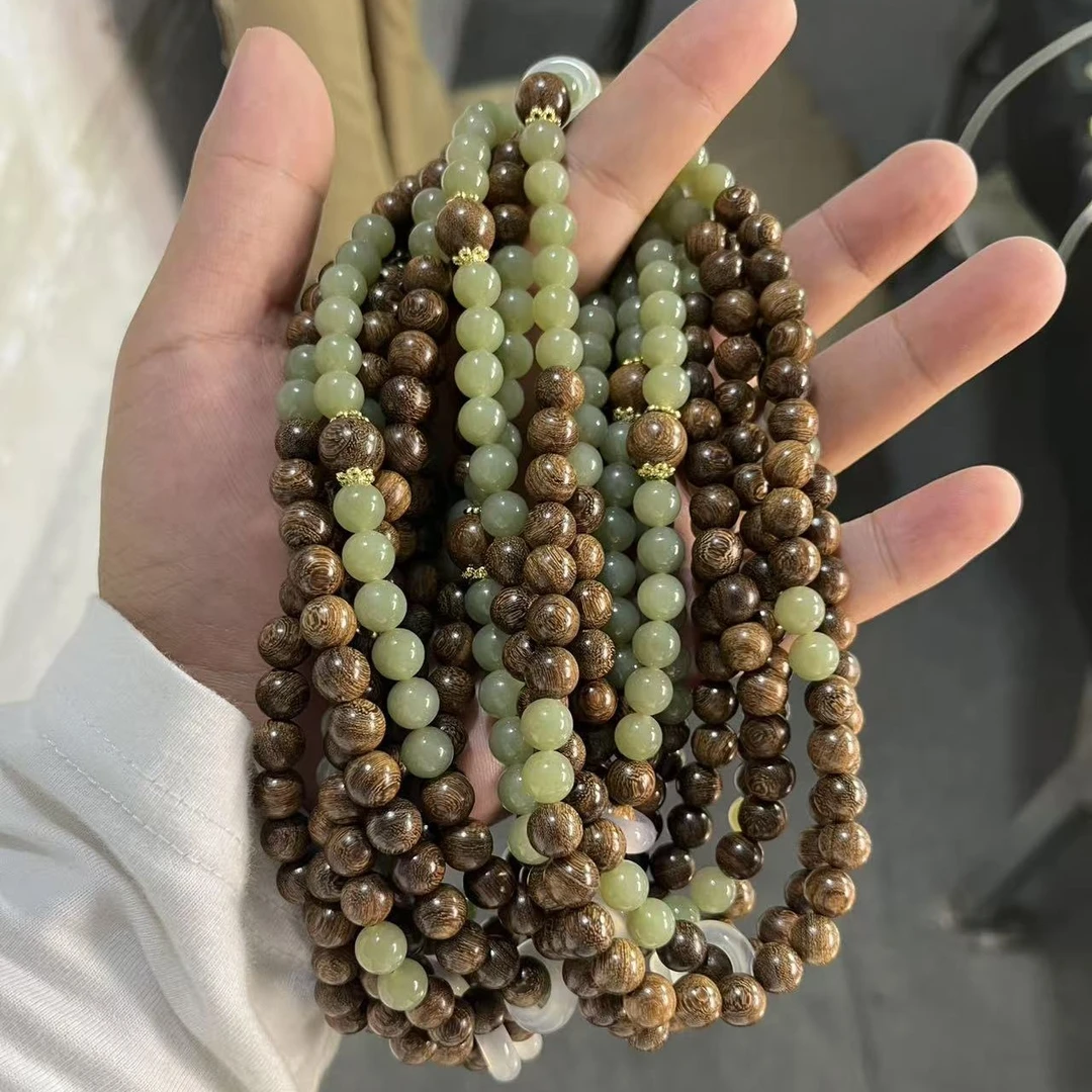 天然和田玉青黄口+檀木DIY多圈手链多样性拍一发一