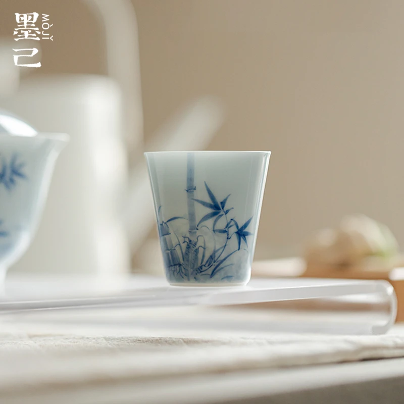 当代 墨己 晴山蓝-竹语青澜-釉下彩斜阳茶杯