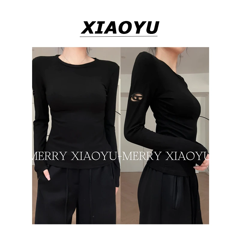 【年中青青】早春紧身显瘦长袖t恤女圆领黑色镂空辣妹气质上衣