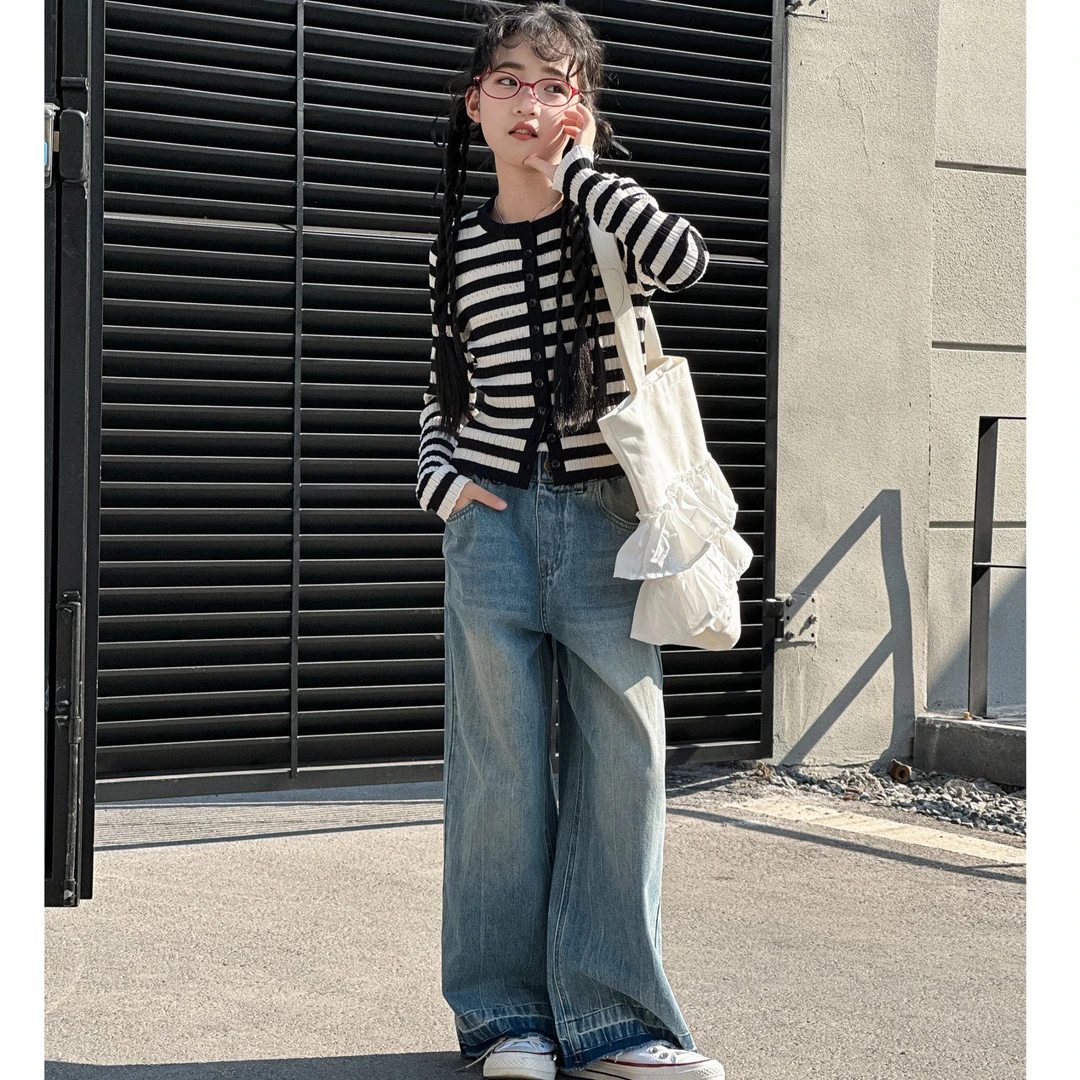 春秋新款潮童定制时尚洋气高腰宽松亲子装工艺直筒牛仔裤DLL209