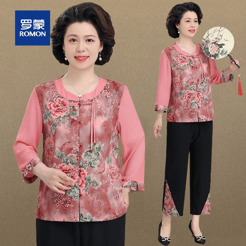 罗蒙中老年人夏季国风衬衫套装七分袖上衣女装中式减龄衬衫奶奶装