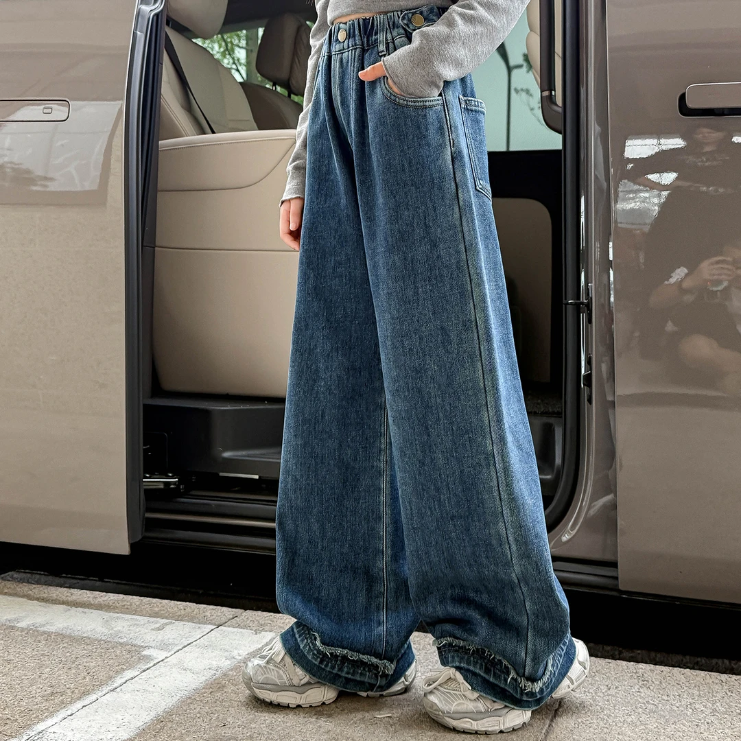 25KZ113女童秋冬直筒加绒牛仔裤2025冬季新款青少年加厚长裤