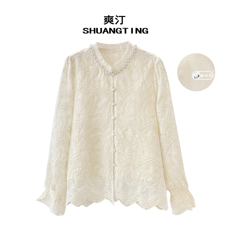 Jokara/丘可儿【留白】中式立领花边袖衬衫气质钉珠绣花国风上衣春