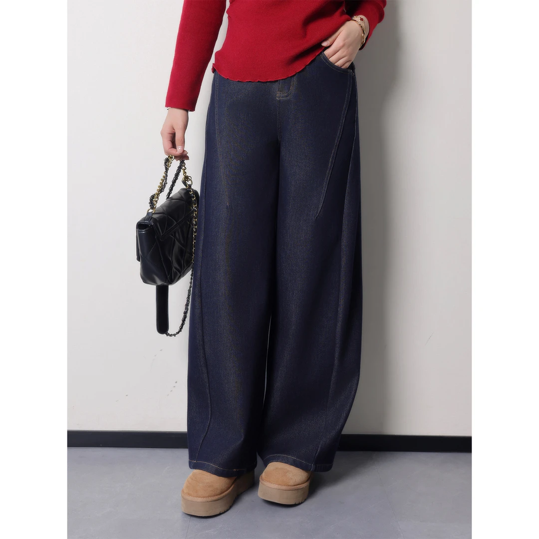 裂渡【丹宁弯刀裤】微胖大码女冬加绒显瘦牛仔裤（含腰带）ZY8170-16