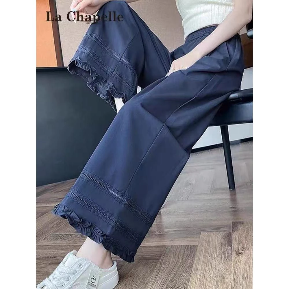 九分木耳花边阔腿裤女2025夏季新款高腰梨型身材小个子宽松休闲裤