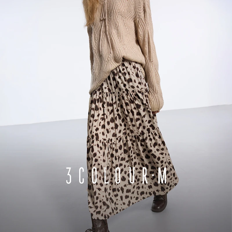 三彩2025春季新款豹纹半身裙松紧腰A字裙显瘦长裙优雅气质M