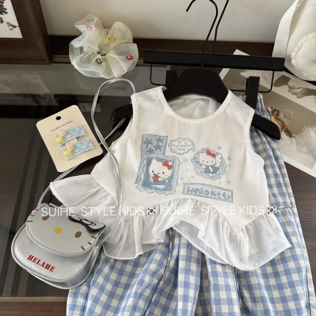 女童套装2025夏季新款女宝宝洋气卡通背心套装格子灯笼裤两件套潮