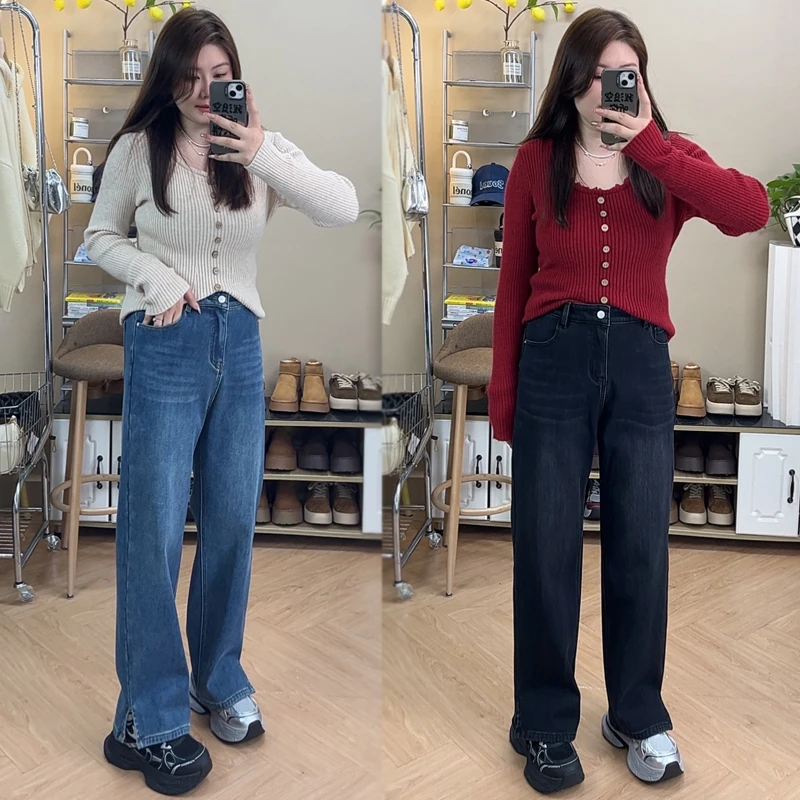 高腰显瘦开叉牛仔裤女2025秋季高弹力长裤垂感宽松拖地直筒阔腿裤