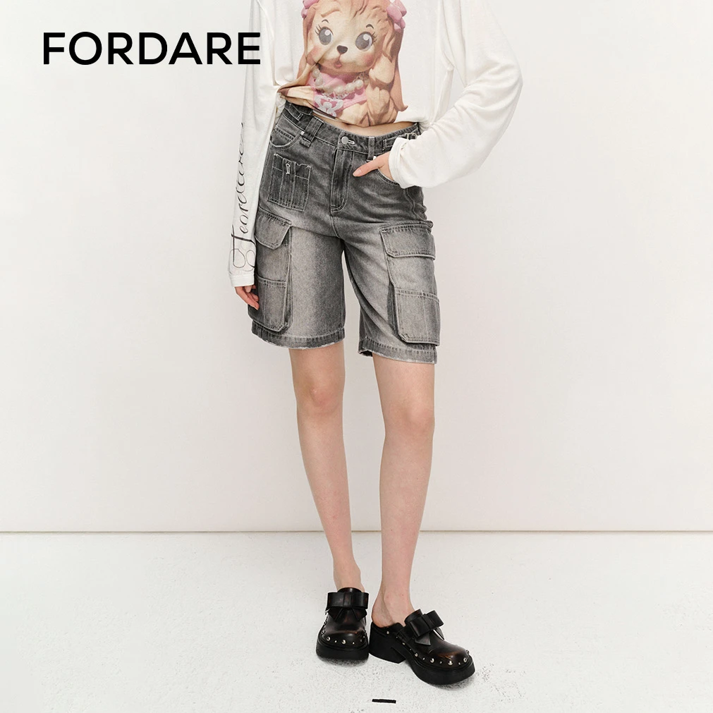 FORDARE福蝶 25夏季新品 灰色牛仔工装短裤休闲裤宽松时尚1334